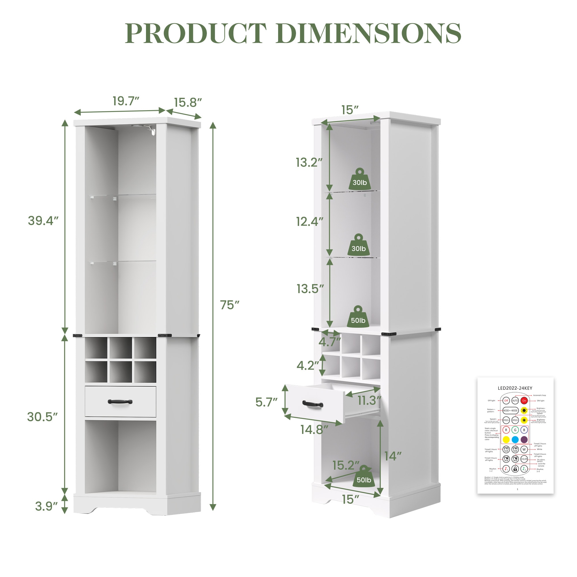 75'' Tall Storage Cabinet With LED Light, Farmhouse Pantry Cabinet With Tempered Glass Adjustable Shelves & Wine Storage Rack, Freestanding Linen Tower For Bathroom, Living Room, Kitchen, White_voghion.com